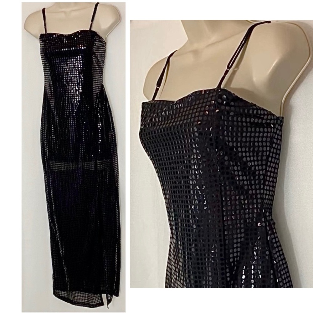 Troika black sheer sequin gown dress with slit
